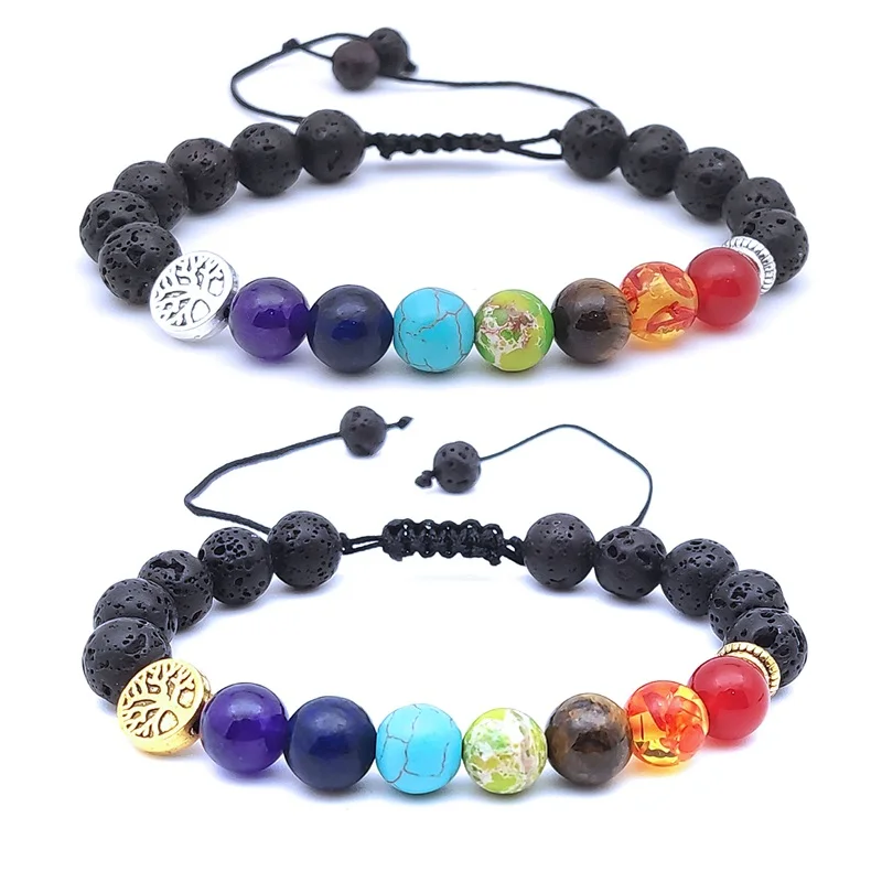 

8 мм 7 Чакра, каменный браслет, дерево жизни, черная лава, каменные бусины, диффузор эфирного масла, женский браслет, ювелирные изделия