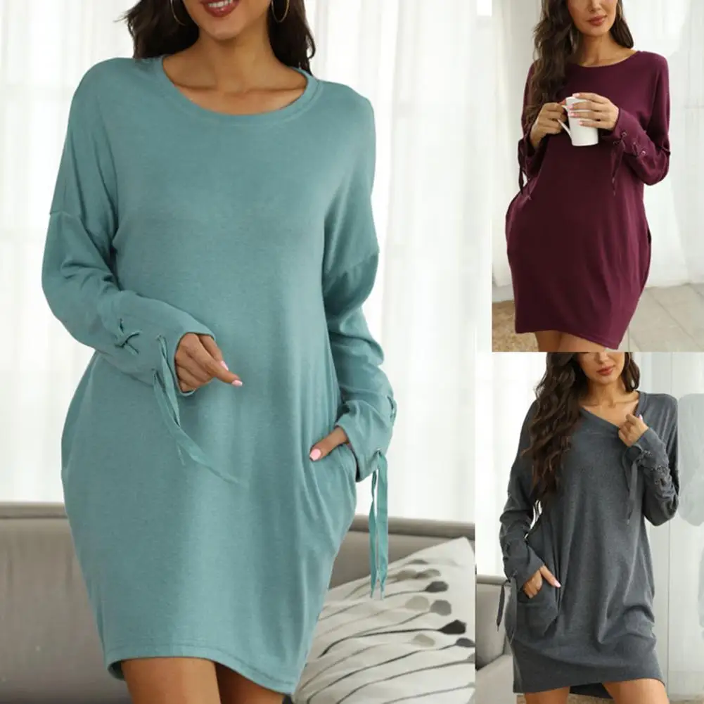 Привлекательное платье длиной выше колена с круглым вырезом женское | Женская