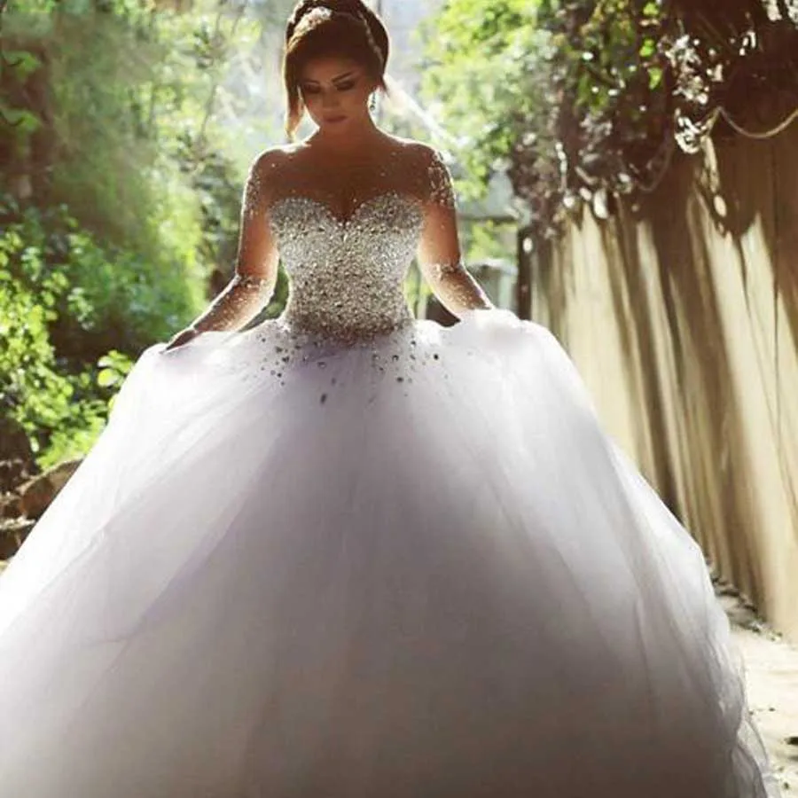 

Gorgeous Crystal Beading Tulle Ball Gown Wedding Dresses 2020 Plus Size See Through Long Sleeve Princess Wedding Dress Marriage
