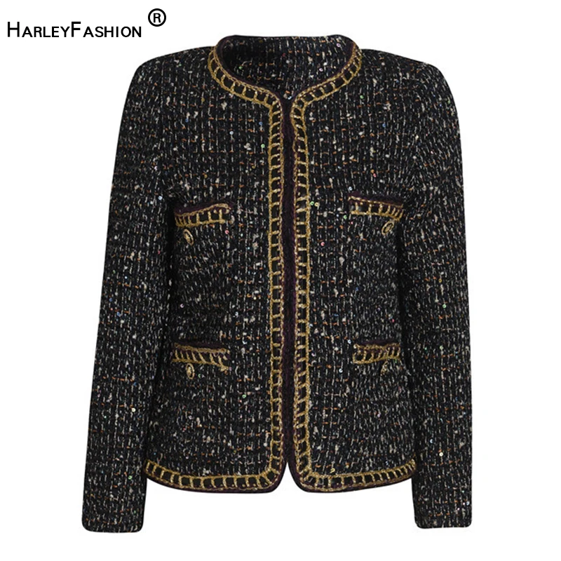 

HarleyFashion Women's Outerwear Winter Jacket Thicker Lined Vintage Tweed Quality Female Slim Coat