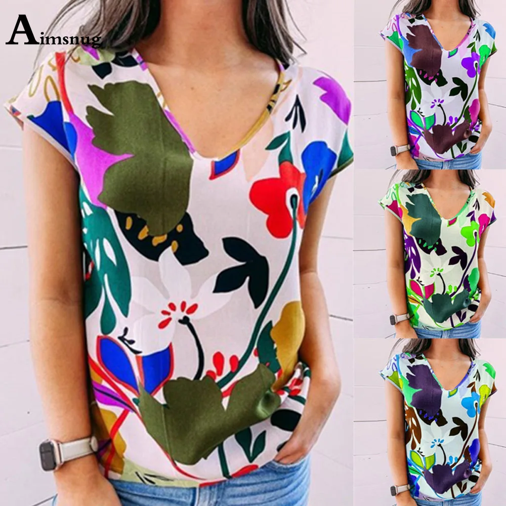 

Aimsnug 2021 Summer Boho Flower Print Tops Women Short Sleeve V-Neck T-Shirt Casual Ladies Tee Shirt Oversized 3xl Femme Clothes