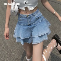 heyoungirl ruffles jeans pleated mini skirt women casual kawaii high waist denim short skirts fashion korean style summer