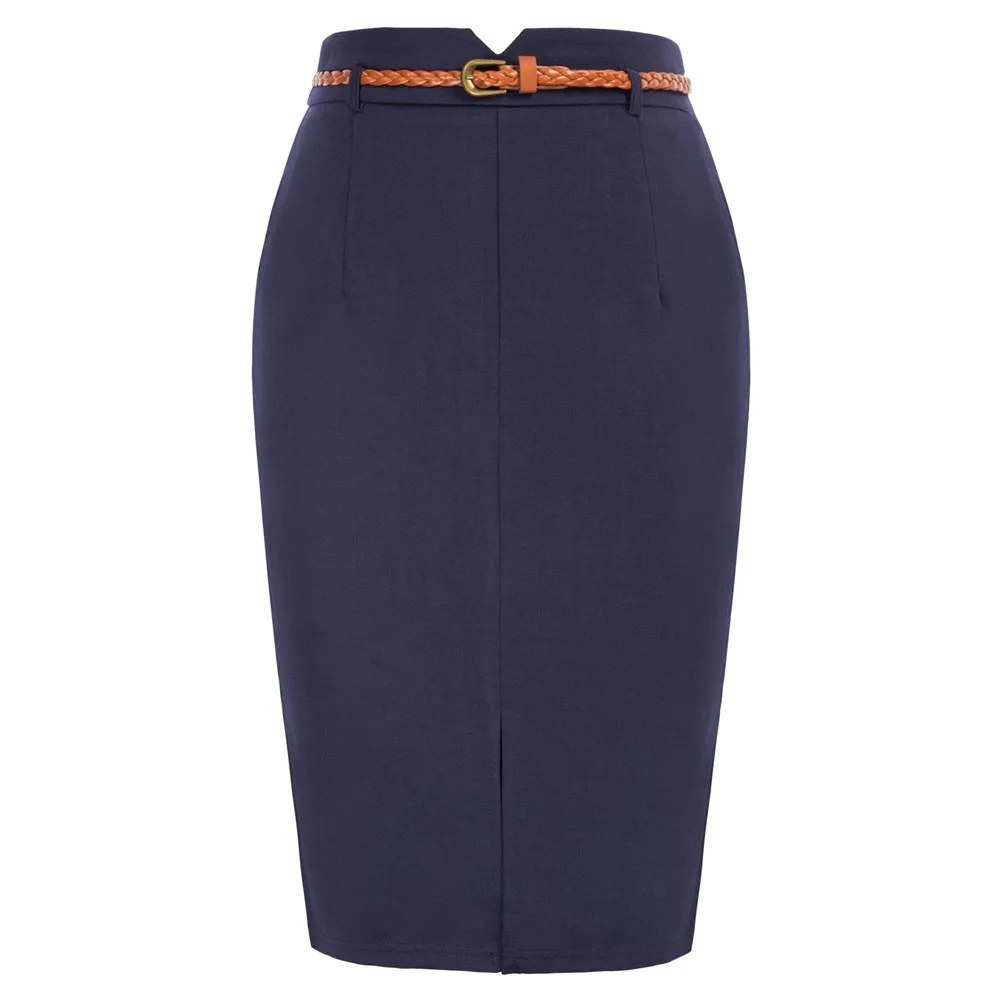 

Women Vintage Center Front Slit Skirt With Belt High Waist Bodycon Skirts Print Workwear Office Lady High Waist Pencil Skirt