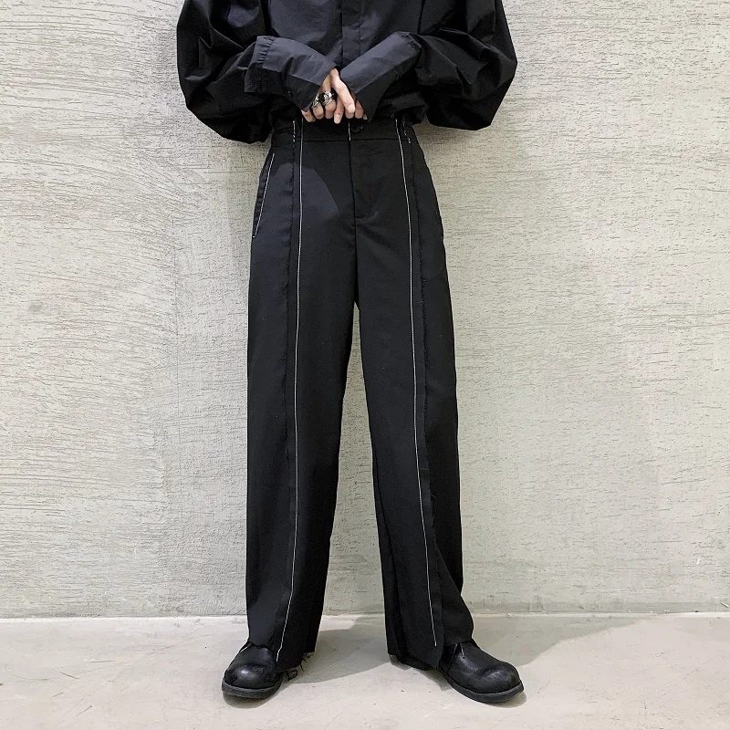 

Male Japan Harajuku Style Street Fashion Show Trousers Suit Pant Men Vintage Old Fringe White Line Wide Leg Casual Pant