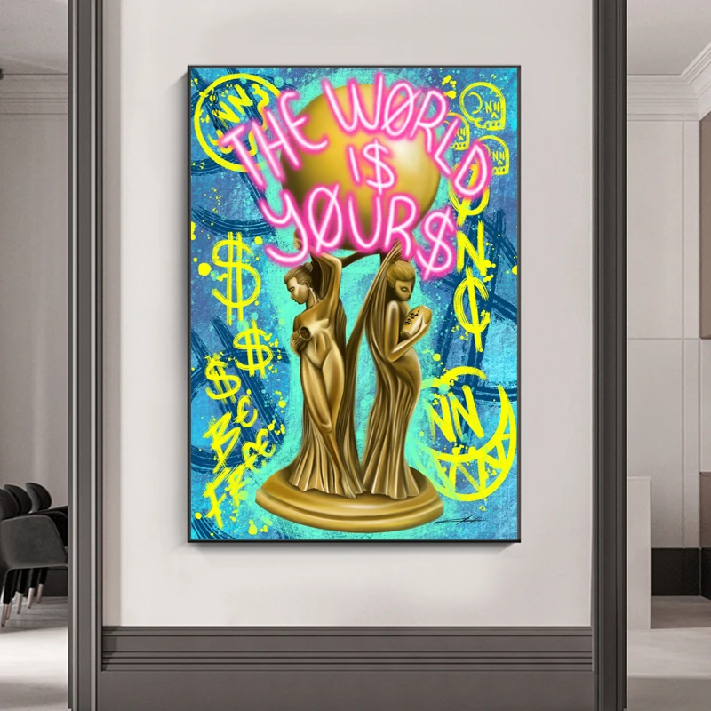 

The World Is Yours Poster Print on Metal Canvas Graffiti Art Painting Street Wall Art Motivational Picture for Living Room Decor