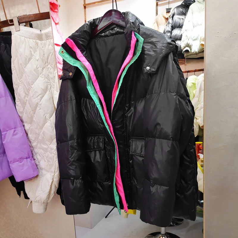 Женская зимняя длинная куртка на белом утином пуху с капюшоном свободная