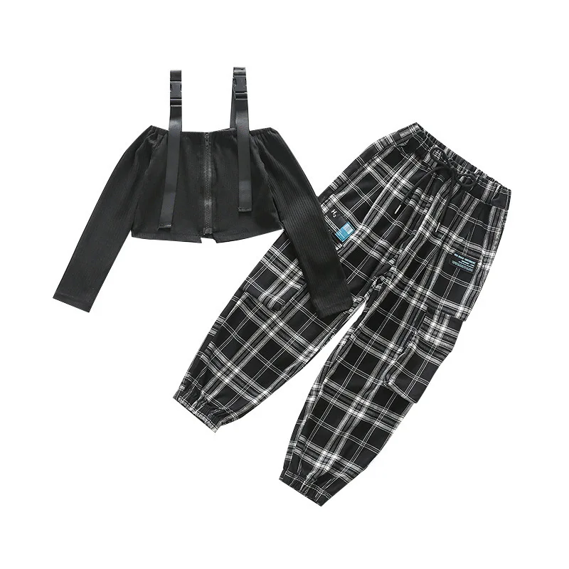 

Suit for Girls Clothing Spring New Long-sleeved T-shirt Plaid Cargo Pants Sets Girls Clothes Hip Hop Dance Kids Costumes 10 12 Y