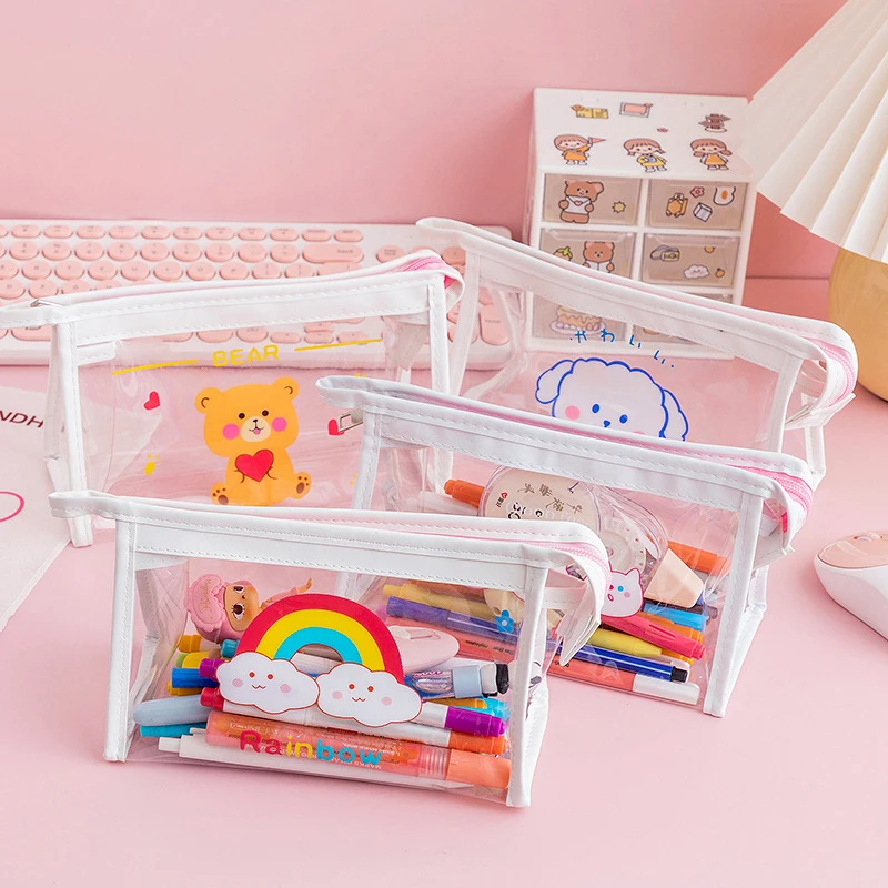 

Cute Transparent PVC Waterproof Pencil Bag Student Kawaii Pencil Case School Office Supplies Stationery Organizer Large Capacity