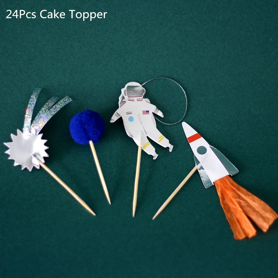 24pcs cake topper 1 комплект вечерние одноразовые столовые приборы с космическим пространством и планетой для дня рождения, детские одноразовые бумажные тарелки, вечерние принадлежности для космонавта - Цвет: 24pcs cake topper