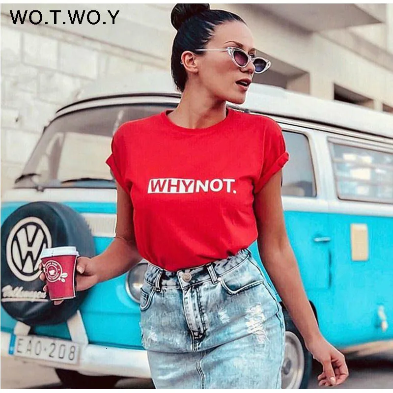 WOTWOY забавная футболка с буквами Женская хлопковая летняя футболка с принтом повседневные топы футболки женские с коротким рукавом женские белые черные красные футболки