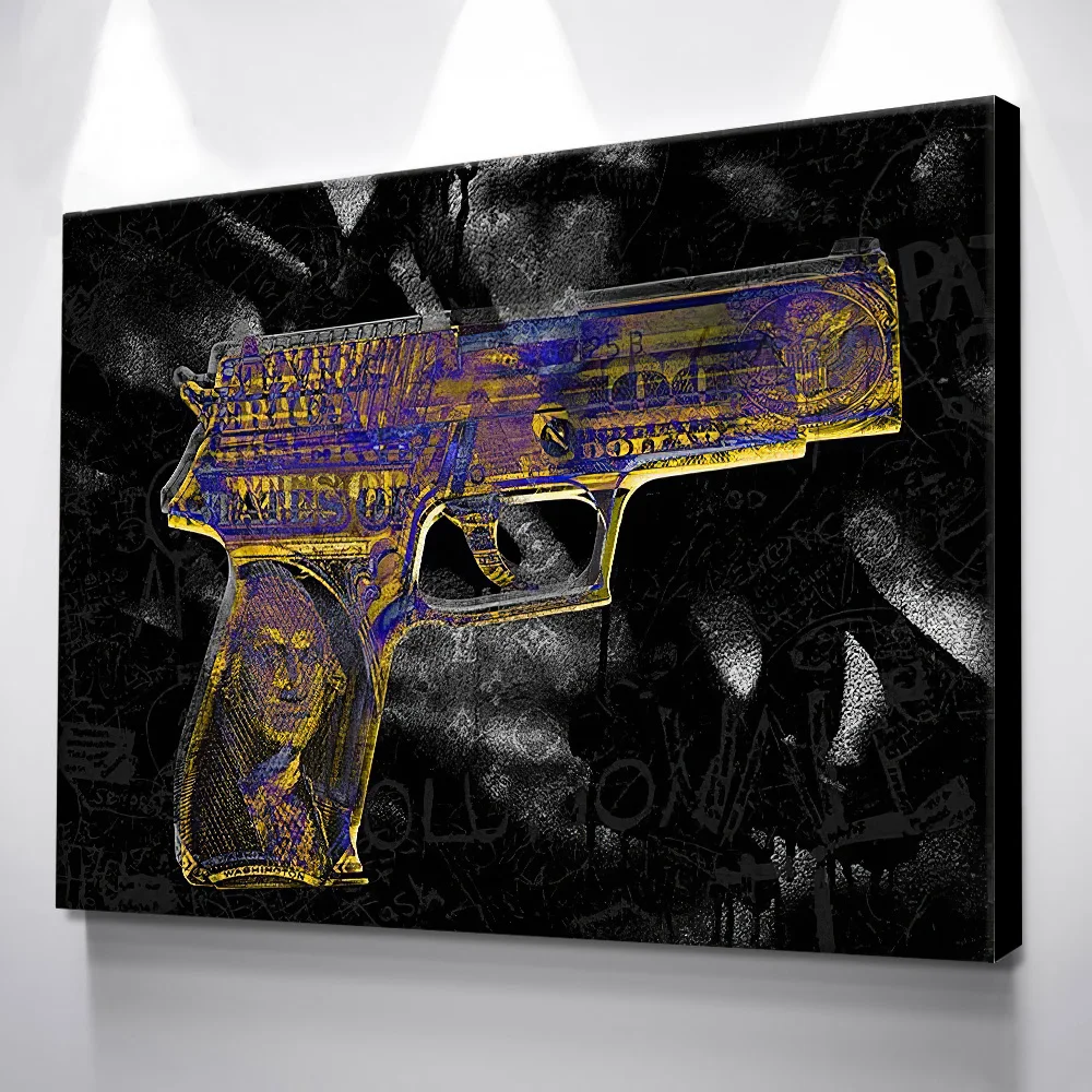 Настенная картина на холсте с монетами и пистолетом Декоративные плакаты принты