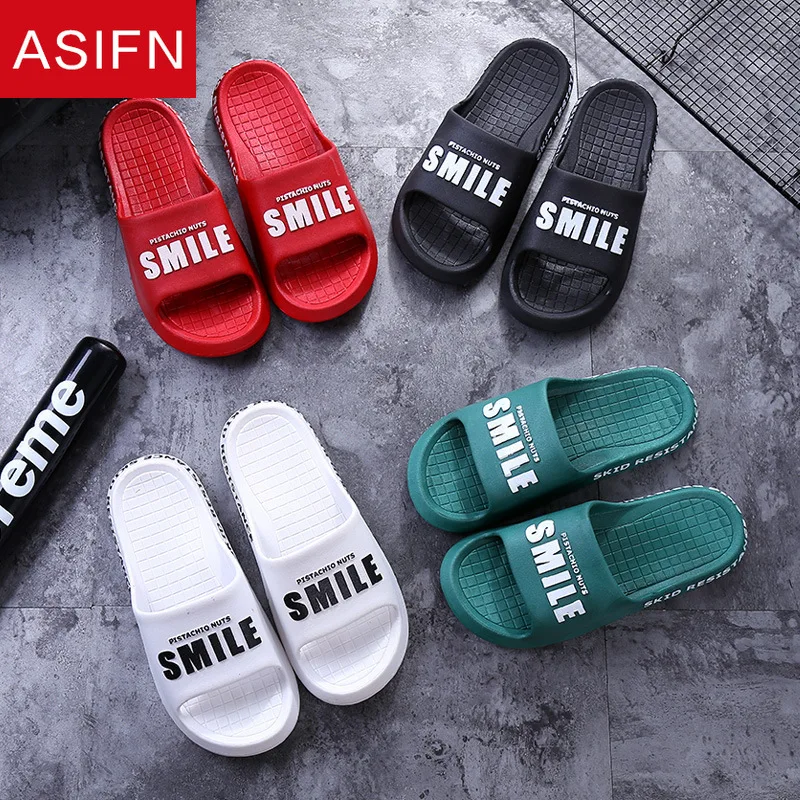 

ASIFN Summer Beach Men Slippers Home Indoor Outdoor Non-slip Simple Bathing Fashion Smile Printing Women Shoes Male Slides