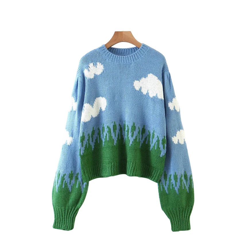 

Lusofie Autumn Winter Jacquard Sweater Jumper Pullovers Women Happy Crewneck sky clouds Knitted Sweater High Street Tops