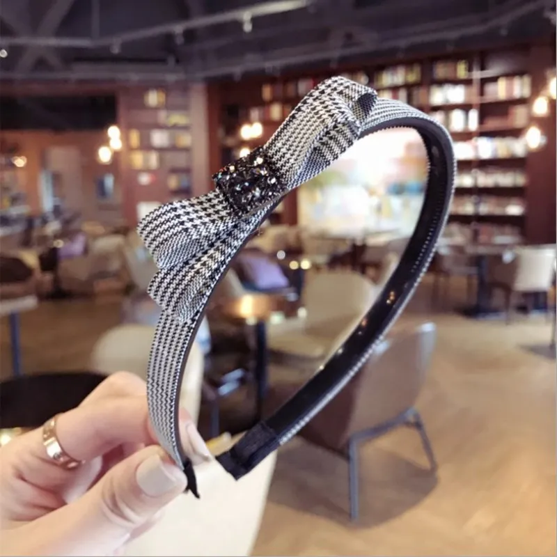 

New fashion boutique hair accessories women's plaid diamond super flashing bow fine side with teeth anti-skid hairband headband