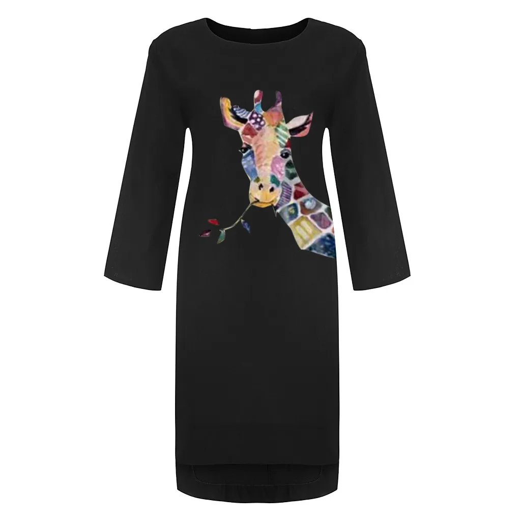 

2020 Women Autumn Dress O-neck Animal Print Pockets Linen 3/4 Sleeve Loose Dress Loose Plus Size Comfortable Women's Clothing