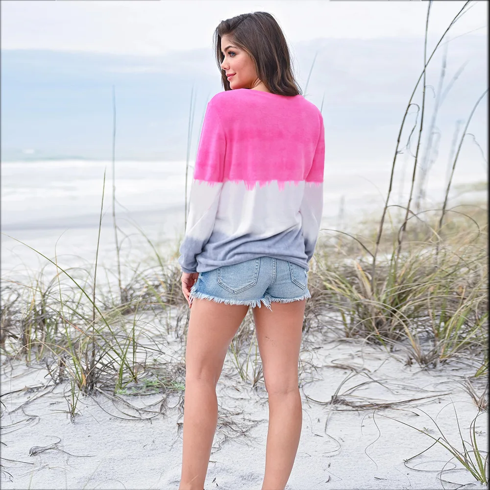 Female Tie Dye Long Sleeved Top Autumn And Winter New Women's Gradient Color Loose Jacket Round Neck Clothin | Женская одежда