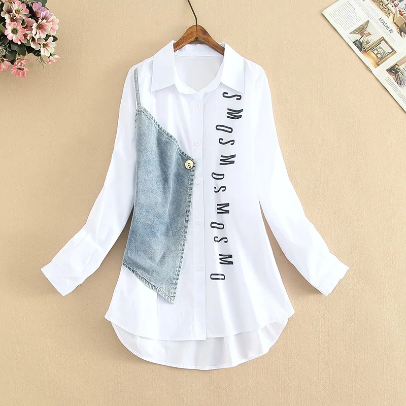 

2021 Autumn New camisa jeans feminina Shirt Cotton Female Long Sleeve Women's Letter Denim Shirt Loose Korean Plus Size Blouses