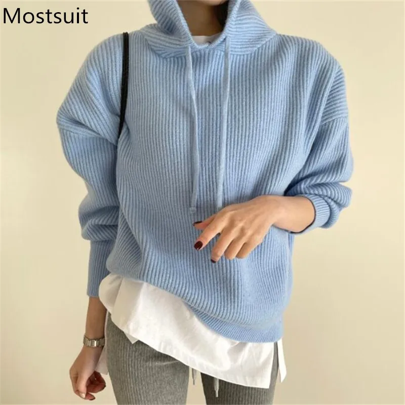 

Женский трикотажный пуловер с капюшоном, однотонный свободный джемпер с длинным рукавом, весна 2021