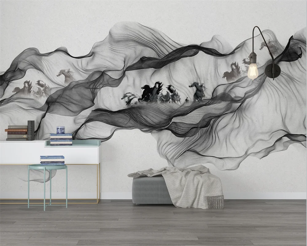 

beibehang Custom papier peint modern new papel de parede Chinese ink painting smoke eight horses background bedroom wallpaper