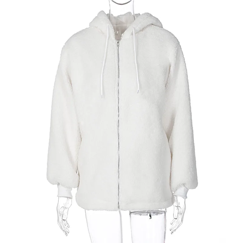 

Hooded Zip Up Faux Fleece Jacket Coats Women Long Sleeve Winter Warm Fashion Outerwear Furry Street Style Oversize Coat