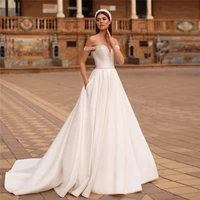 off shoulder beaded a line wedding dress with pocket side bridal gowns lace up corset ladies wedding wear princess 2021