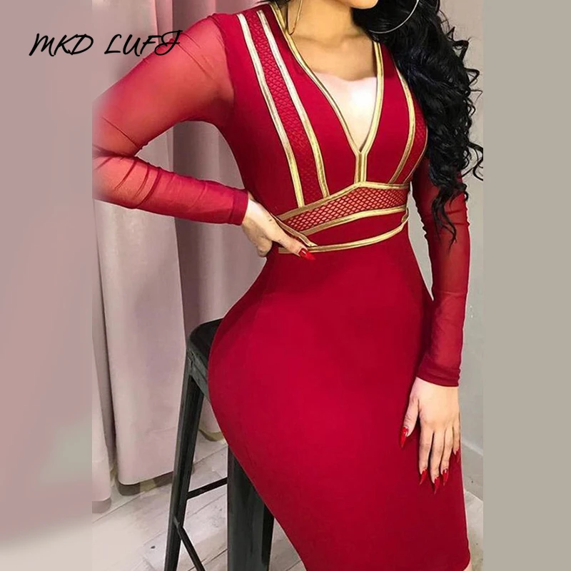 Сексуальное Сетчатое лоскутное платье с v образным вырезом блестками облегающее