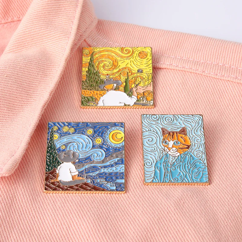 

Artist's Famous Painting Brooch New Creative Van Gogh Sky Geometric Pattern Modeling Suit Cat Portrait Cat Self-portrait Brooch.