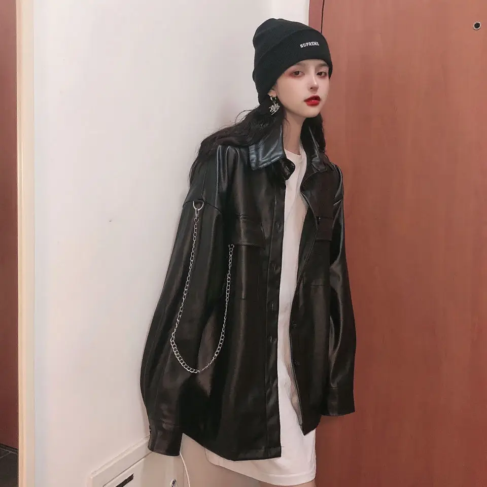 

pu leather coat men's and women's 2020 spring and autumn new loose Korean style Joker couple coat students