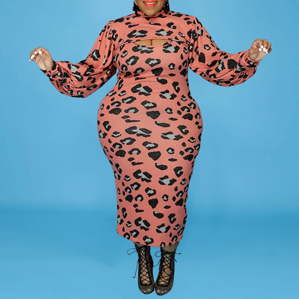

Fashion Womens Dress 2021 Autumnwinter New Leopard Printing Puff Sleeve Turtleneck Temperament Casual Western Style Dress Suit