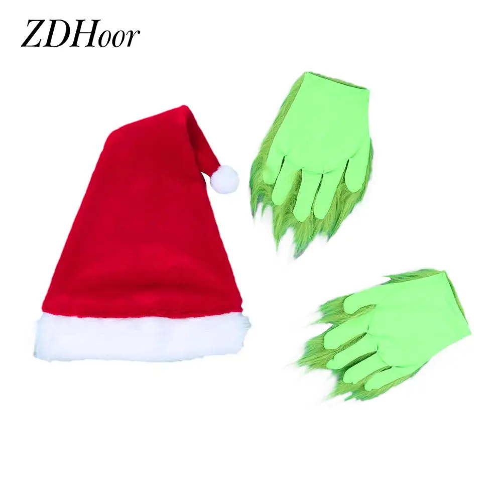 Рождество Гринч костюмы аксессуар забавные Косплэй меховые перчатки с шапкой