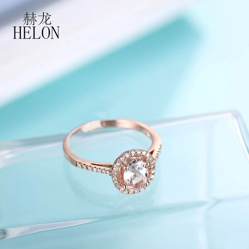 HELON Solid 10K Rose Gold Flawless Oval 7x5mm Natural Morganite Diamond Ring Women Wedding &amp Anniversary Band Fine Jewelry Gift |