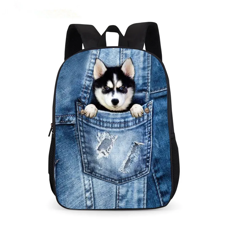 Милый синий джинсовый рюкзак с 3D животными карманами кошка котенок школьная