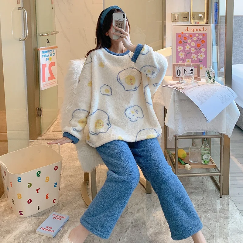 Sweet Pajamas Set Women Pyjama Bear Printed Thicken Warm Korean Home Service Suit Round Neck Women Sleeping Dress Schlafanzug