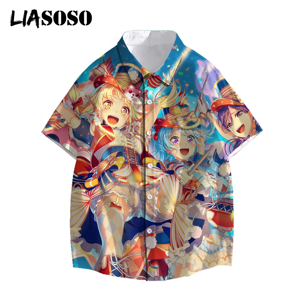 

LIASOSO 2021 Men Women 3D Print Anime Bang Dream Short Sleeve Casual Shirts Streetwear Beach Hawaiian Shirts Retro Tops