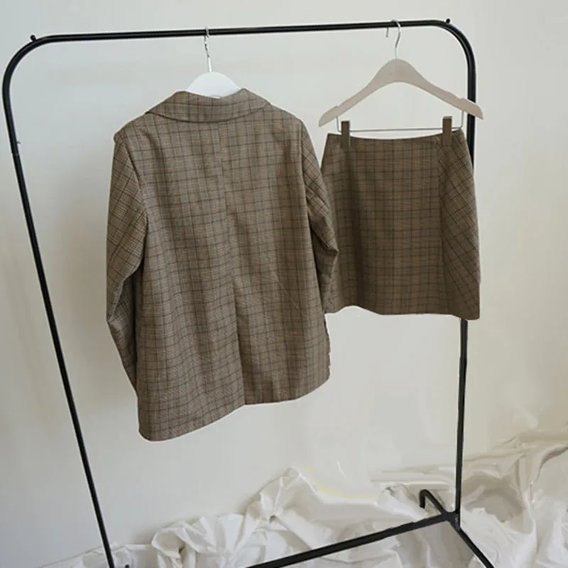 Винтажный осенний Женский комплект из двух предметов повседневный клетчатый