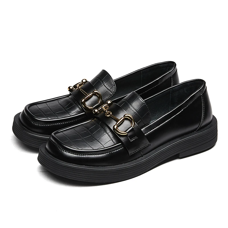 

KANGNAI Platform Women Shoes Split Leather Chunky Loafers Metal Decor Round Toe Black Slip-On Female