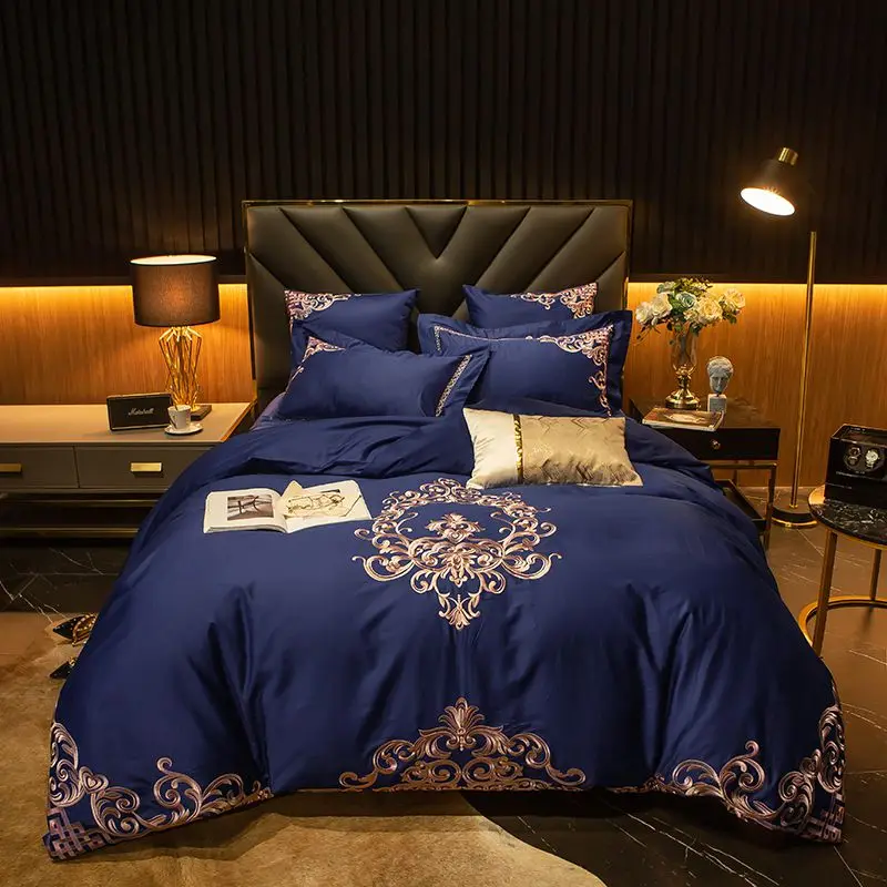 Роскошный Синий Комплект постельного белья Европейский дворец золотая вышивка