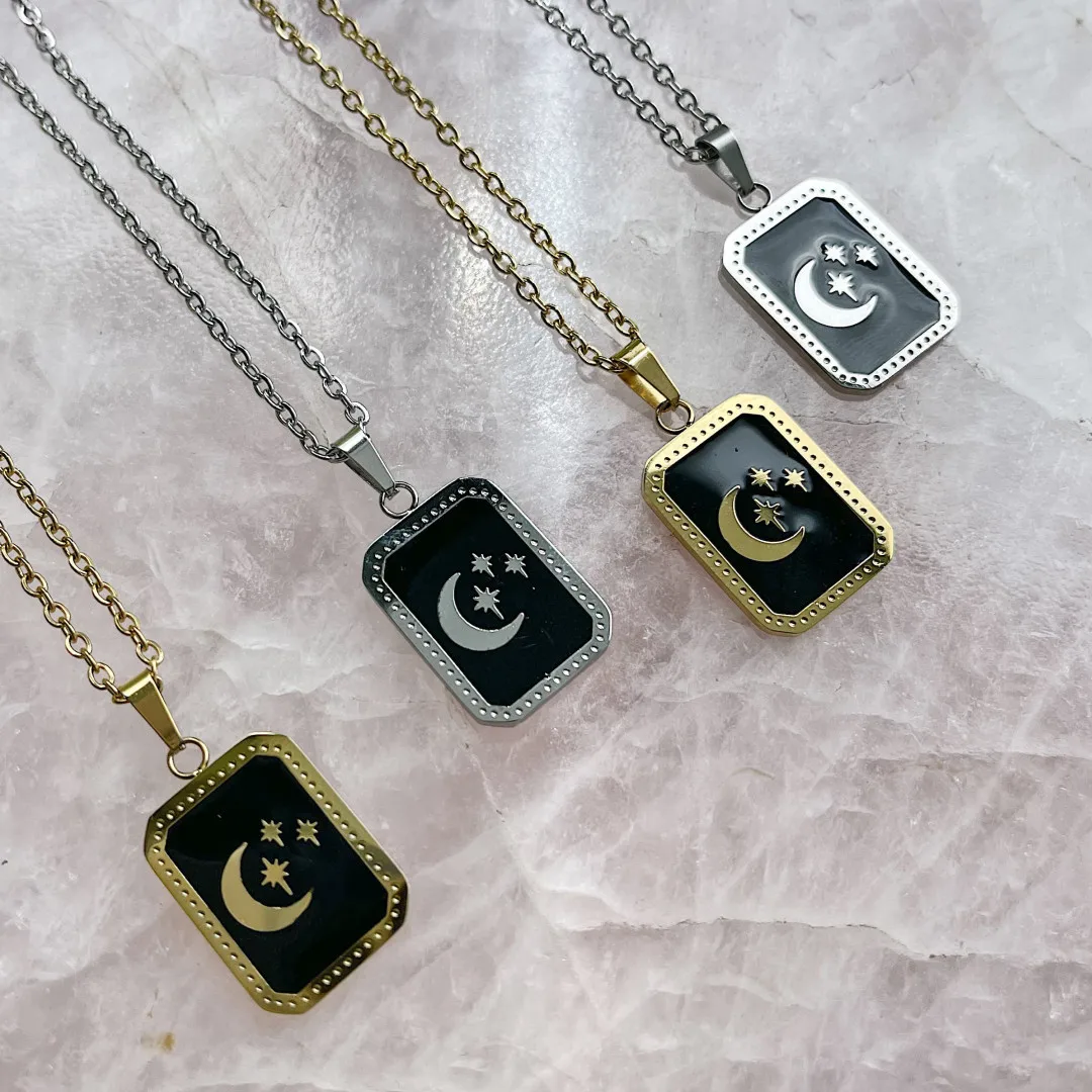 

Vintage Enamel Star Moon Pendant Necklace For Women Stainless Steel Black Oil Drip Square Tarot Cards Neckalce Punk Jewelry Gift