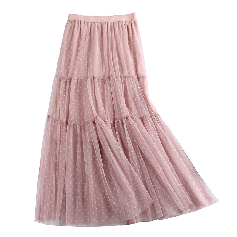 

A107 spring new high waist thin wave dot double layer mesh half skirt A-line medium length patchwork skirt