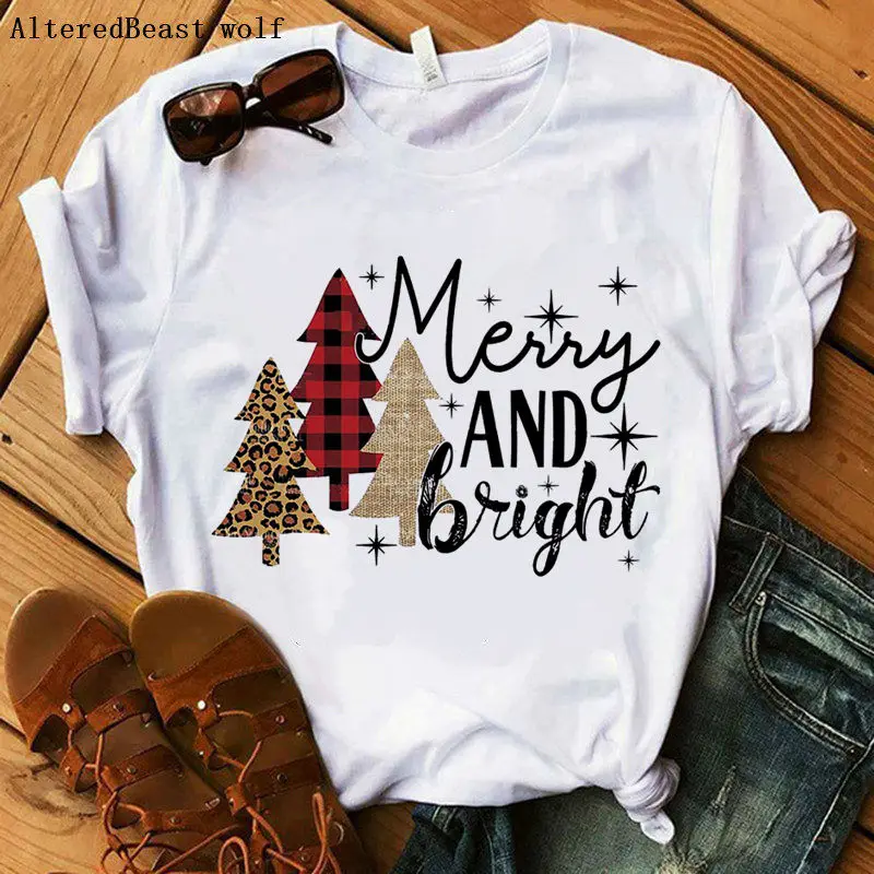 

Christmas t shirt women printed christmas and bright Plaid tree t shirt women white casual short sleeve vogue clothes female top