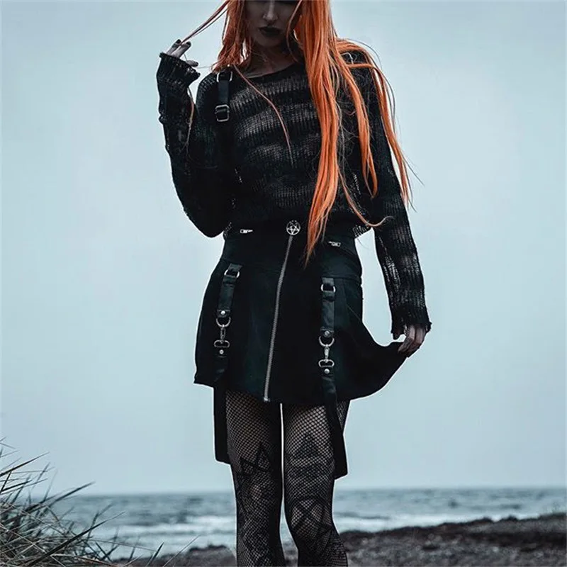 

Solid Zipper Button Rock Summer Female Goth Skirt Women Mini Skirts Punk Gothic Hip Hop Sexy Club Aline High Waist
