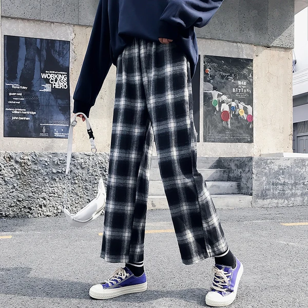 

Pants Women Summer Breathable Simple Plaid Elegant Retro Ankle-Length Loose All-match High Waist Casual Womens Harajuku Ladies