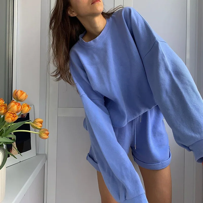 Fitshinling Athleisure Женский комплект повседневные толстовки и шорты однотонный из двух