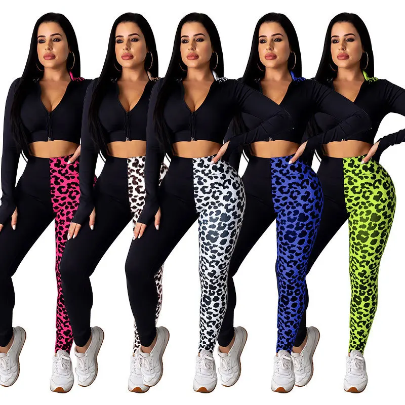 

Adogirl Women Leopard Print Patchwork Sport Two Pieces Set Hooded Tops Stacked Jogger Pants Suits Tracksuits Fitness Outfits