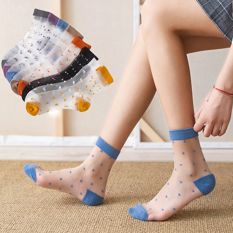 

2021 Trend Dot Transparent Lace Socks For Women Spring Summer Mesh Sock 3Pairs