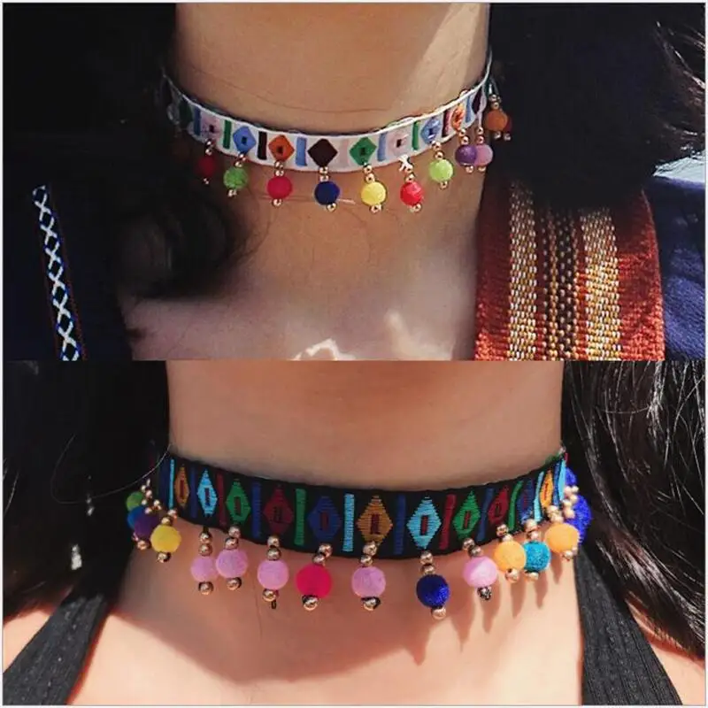 

Bohemian Woven Color Embroidery Choker Necklace Vintage Plush Hydrangea Tassel Necklace For Women Collar Fashion Party Jewelry