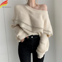 new 2020 winter sweater women beige and black color double ruffles rib knit streetwear woman sweaters sequins pullovers tops