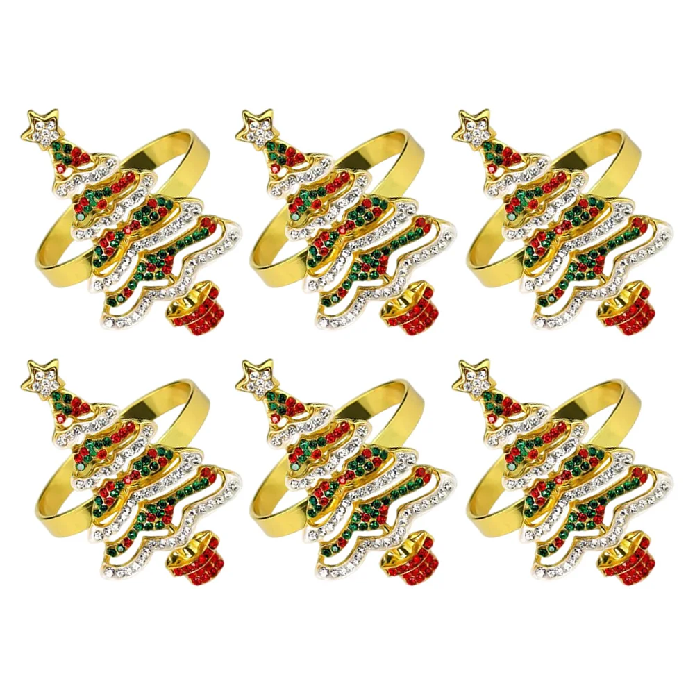 

6PCS Christmas Napkin Rings Set Rhinestones Xmas Tree Napkin Holders For Xmas Home Hotel Party Wedding Decor Table Accessories