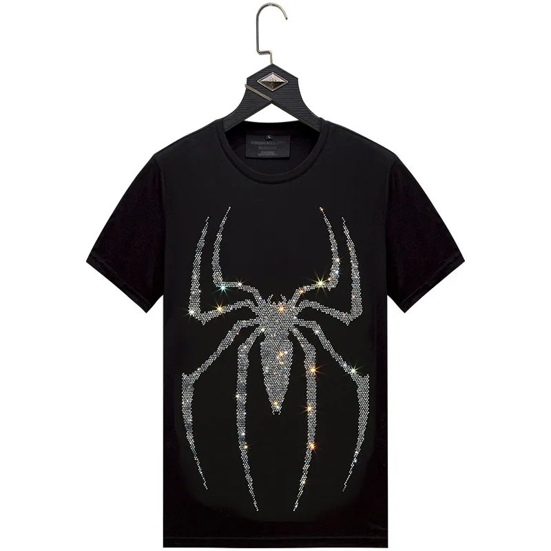 

Plus Size 2021 Spider Hot Drilling T Shirts Men Brand Short Sleeve Man Fashion Streetwear O Neck Slim Tshirts Camiseta De Hombre