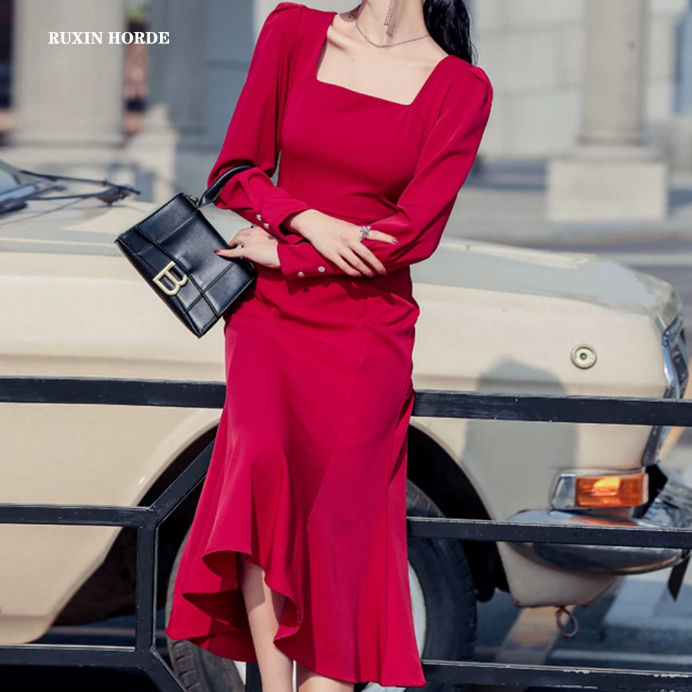 

Puff Sleeve French Vintage Red Dress Package Hip Fishtail Temperament Hepburn Cultivate Morality Dress 2021 Spring Happy Girl